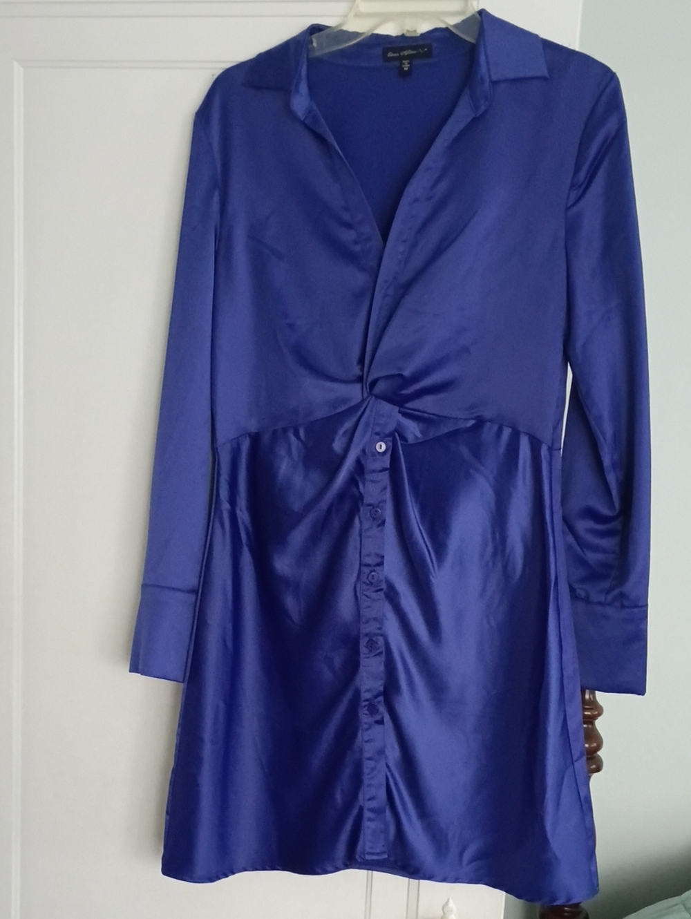 Long-Sleeve Satin Twist Dress in Cobalt Blue